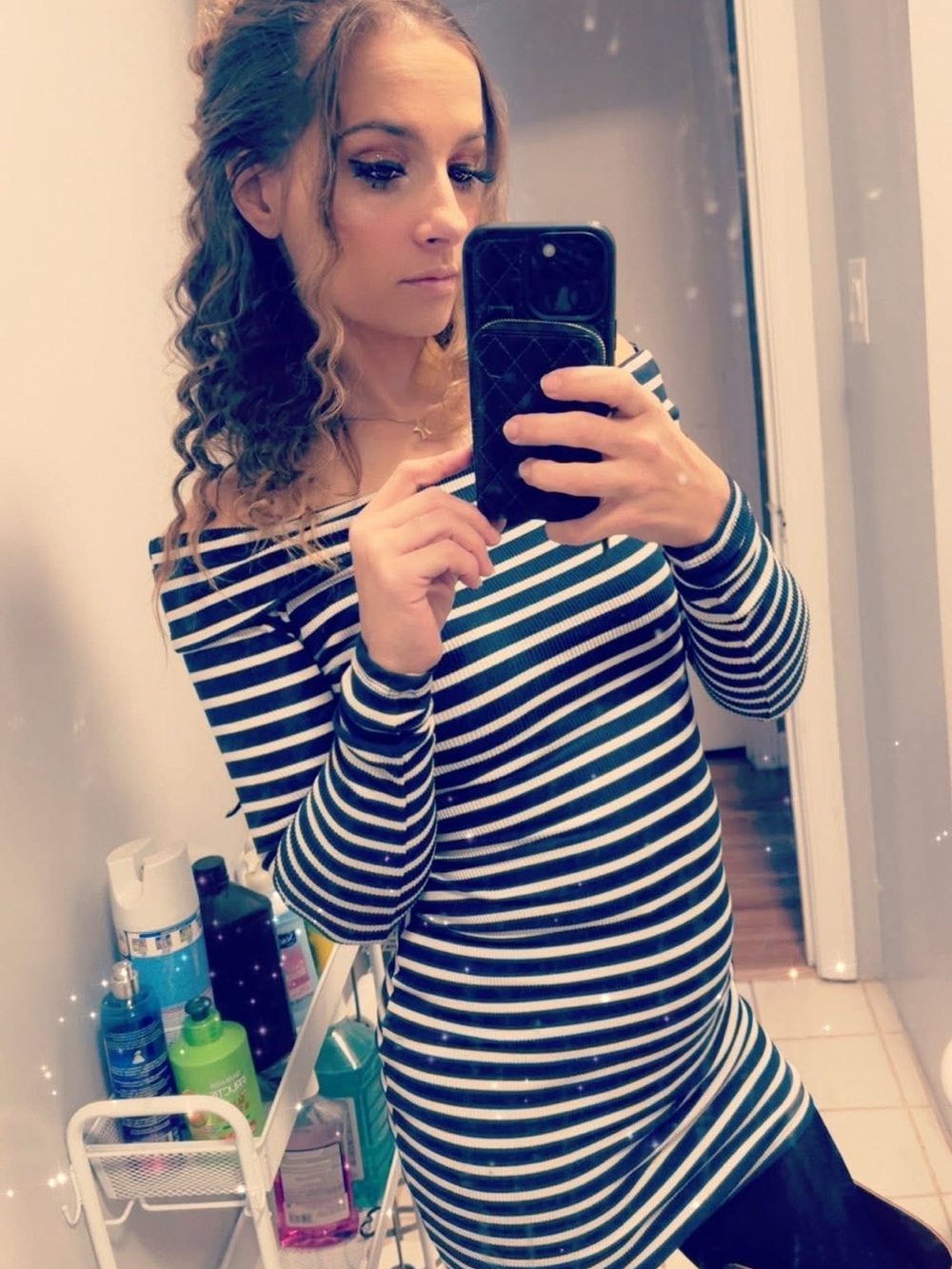 Striped Off-Shoulder Long Sleeve Women’s Top - Black & White